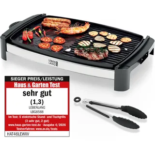 LEBENLANG Tischgrill Elektrisch 2000W - Inkl. Grillzange I 45x30cm | Plancha Elektrogrill für Balkon Innen & Außen I Elektrischer Teppanyaki Balkongrill Grill Elektrische Grillplatte