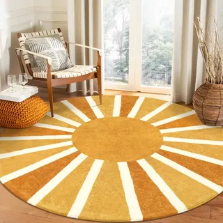 Lahome Boho-Teppich, rund, waschbar, rutschfest, klein, weich, für Sofa, Kinderzimmer, Regenbogen, Sonnenaufdruck, Used-Look, runder Teppich für Schlafzimmer, Eingangsbereich, Wohnzimmer, Esszimmer