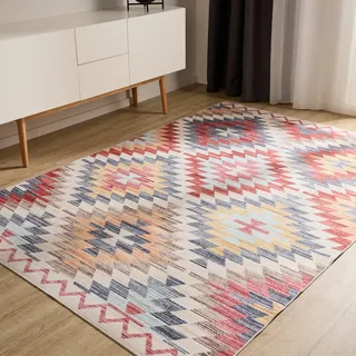 benuta Basic Waschbarer Teppich George - Multicolor/Beige 80x150 cm - Kunstfaser - Rechteckig & im Style: Kelim, Ethno-Style, Shabby Chic - Pflegeleicht für Wohnzimmer Schlafzimmer