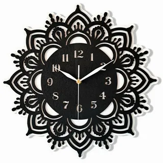 ORNAMENTI Wanduhr Grosse, modern, holz, hingucker Wanduhr, Mandala, Yoga, Blumen (ohne Ticken, Wanddeko, Holzdeko, 3 Größen 40, 50, 60 cm) schwarz 50 cm