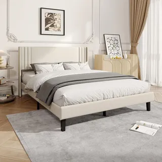 UnboxG Polsterbett 160x200cm Beige Leinen, Weiches Flügelkopfteil, Robuster Metallrahmen mit Lattenrost, Geräumiger Unterbett-Stauraum, Modernes ... - Beige