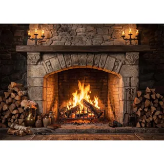 BELECO 2.5x1.8m Stoff Vintage Landhaus Steinkamin Warmer rustikale Hütte brennende Flammen Brennholz Holz Hintergrund Weihnachten Winter Porträt Foto Requisiten