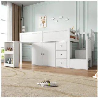 Flieks Hochbett Kinderbett 90x200cm mit ausziehbarem Schreibtisch Schrank Schubladen weiß