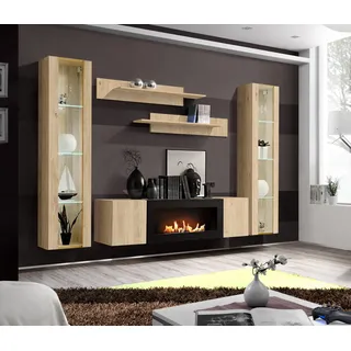 ASM-Moebel Wohnwand Wohnwand FLY M2 HJ mit Push-Click System mit Bio Ethanol Kamin und Led, Mit Led Beleuchtung, Bio-Ethanol Kamin und Push-Click System. beige