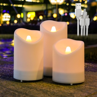 Wasserdichtes Solar wiederaufladbare Kerzen, PChero 3 Stück (4 " 5 " 6 ") Led Kerzen USB Aufladbar Batteriebetrieben Flackernde Stumpenkerzen für Heimat Garten Balkon Yard Außen Dekoration