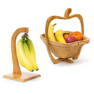2 tlg Obst Set, Bananenhalter, Obstkorb, Obsthalter, Obstschale, Obstständer, Faltkorb, Bananenständer, Dekoschale, Holz