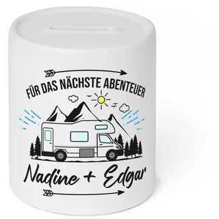 Personalisierbare Spardose mit Namen | Für das nächste Abenteuer | Hochwertige Keramikdose | Mit Wohnmobil-Motiv | Perfekt für Camper Camping