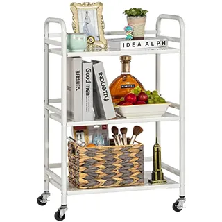 HDANI Servierwagen,3 Ebenen Servicefahrzeug aus Metall mit Rollen, für kleine Räume, Küche, Esszimmer, Bar, Bäder, rollwagen Weiß,48×30×75cm