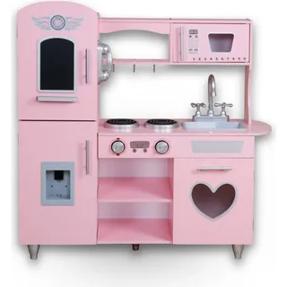 Rijoka Kinderküche aus Holz - Rosa mit Herz - Spielküche mit Mikrowelle, Herd, Spüle - 85x33x89cm