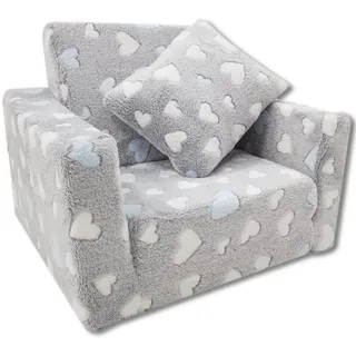 Odolplusz Kindersessel klappbar | Kindersofa Mini-Sessel Kinderstuhl Kuschelsessel | Kindermöbel für Kinderzimmer | (Herzen grau + blau)