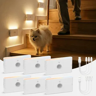LED Treppenbeleuchtung mit Bewegungsmelder & Dämmerungssensor Akku 6 Stück | 3 Modi Auto EIN/AUS Nachtlicht Dimmbar, 3 Farbtemperatur Nachtlampe, Lampe USB Aufladbar für Kinderzimmer, Flur, Schlafzimmer