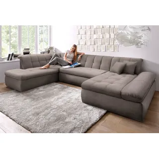 Wohnlandschaft DOMO COLLECTION "MORIC Massiv - Belastbar bis 140 kgxSitz, 353x216x80 cm, XXL", grau (taupe), B:353cm H:80cm T:216cm, Chenille (85% Polyester, 15% Acryl), Sofas, Wohnlandschaft, U-Form, inkl. Zierkissen