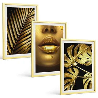 BILDER SET 3er Set - 40x60 cm Goldrahmen - Mund einer Frau mit Monstera-Palme