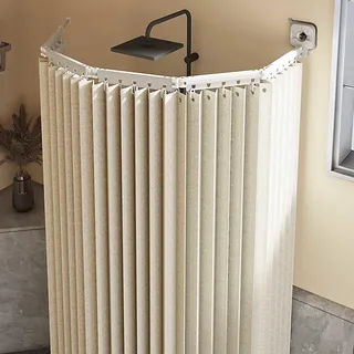 Duschvorhang Ohne Bohren,duschvorhangstange L/u Form Und Starker Saugnapf, Faltbarer Duschvorhänge Anti Schimmel Wasserdicht/waschbar Für Eckdusche, Shower Curtains,Cream-4-Folds