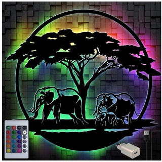 Namofactur LED Dekolicht Elefanten Deko Geschenke - USB LED Wanddeko Holz Wandtattoo, LED fest integriert, Farbwechsler schwarz