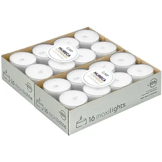 Horeca Candles - Maxi-Teelichter mit 10 Studen Brenndauer - 32 Stück, Weiß - Ohne Duft - Transparente Hülle - Hochzeit, Dekorieren, Feiern, Entspannen, Party