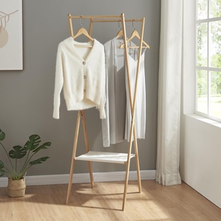 [en.casa] Kleiderständer Iisalmi Garderobenständer klappbar Bambus mit 2 Kleiderstangen und einer Ablage aus Textil Jackenständer faltbar 50 x 57 x 156 cm