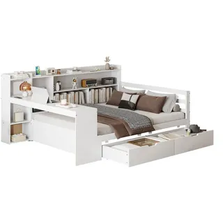 Odikalo Schlafsofa Schlafcouch Schrankbett 90x200 140x200 Massivholz, Schlafsofa aus Massivholz, 90x200 140x200, Mit Schreibtisch Bücherregal Ablagefächern und Regalen, Mit 2 großen Ablagefächern, Multifunktionales Holzbett weiß 140 cm