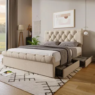 Merax Polsterbett 140x200cm mit 4 Schubladen, Doppelbett Bettgestell mit Lattenrost und Höhenverstellbarem Kopfteil, Leinenmaterial, Chesterfield Funktionsbett, Stauraumbett, Ohne Matratze, Natürlich