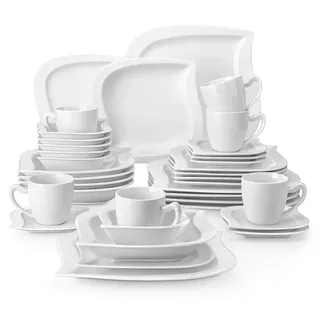 36-tlg. Tafelservice aus Porzellan, Kombiservice in Cremeweiß, Geschirr-Set mit Essteller, Dessertteller, Suppenteller, Kaffeeservice und Schale - Weiß