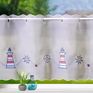 heimtexland ® Scheibengardine maritim Bestickt Badezimmer Deko Gardine weiß transparent 45x112 Panneau Typ904 Leuchtturm