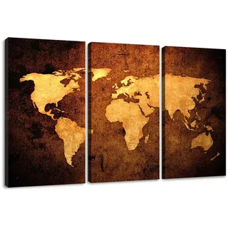 Visario Leinwandbild 150x80 cm 1162 Weltkarte Sepia hell Vintage klassisch 3-teilig Panorama Wandbild Kunstdruck fertig gerahmt auf echtem Holzrahmen modern Wohnzimmer moderne Wanddeko