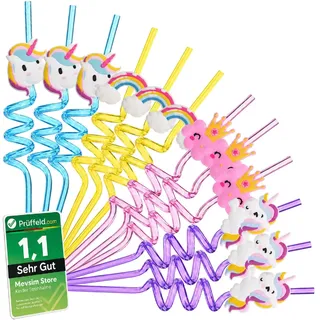 [ Test SEHR GUT, Note 1.1 *] Einhorn Kinder Strohhalme – 12er Set wiederverwendbare Spiral Trinkhalme aus Kunststoff – Bunte Strohhalme für Kindergeburtstag, Party Deko, Schule & Feiertage