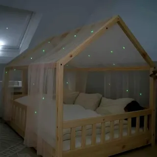 Joyseedi Hausbett Himmel mit leuchtenden Sternen, Hausbett Betthimmel Baldachin Kinderzimmer Deko Geschenk für Mädchen/Jungen, 135x420cm Himmelbett Deko Vorhänge Kinderbetten mit Leuchtsterne