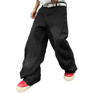 Herren Baggy Jeans mit Unregelmäßigen Nähten Lässige Mode Y2K Hip Hop Wide Leg Denim-Hosen Streetwear Lockere Passform Gerade Beinform Entspannt Schnitt Skater Skateboard Jeanshose(A Schwarz,M)