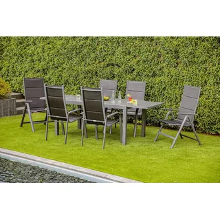 Greemotion Gartenmöbel-Set Grenada 3, 7-teilig, Ausziehtisch, Klappsessel, Stapelstühle, Textilene, Glas-Keramik-Tischplatte, anthrazit, für 6 Personen