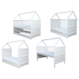 Micoland Kinderbett »Babybett Juniorbett Haus 140x70cm + Matratze + Schublade Weiß« weiß