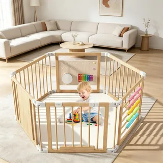 Laufstall Baby mit Spielzeug, Laufgitter Baby Faltbar aus Holz,160*80*61cm | Verstellbare Größe, mit Tür & Sicherheitsverschluss, Krabbelgitter Absperrgitter für Kleinkinder