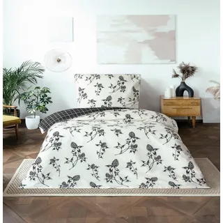 Leonado Vicenti Bettwäsche Set Renforce Baumwolle 4teilig 135x200 cm Blumen Design Wendeseite Kariert Grau Schwarz Weiß Weich Atmungsaktiv Reißverschluss
