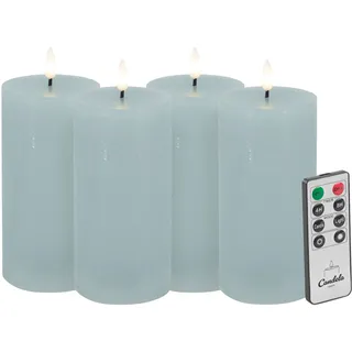Candela LED Kerzen 4er Set H:15xØ7,5cm Summer Blue rustic Echtwachs mit Fernbedienung Timer Funktion & mehrstufig dimmbar flammenlos Echtwachskerzen Stumpenkerze