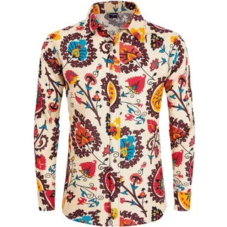 COSAVOROCK Herren Hippie 70er Jahre Hemd Blumen Hawai Langarm Hemden Freizeitshemd - XXL