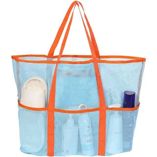 FOSDICK Strandtasche Netz, Mesh Beach Tote Bag, Große Strandtasche mit Mehrere Taschen, Leichte Faltbar Netztasche Strand Tasche, Badetasche Mesh, Shopper Tasche Damen für Strand Urlaub Reise Picknick - L