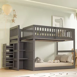Niedriges Etagenbett140 X 200 Cm, Sicherheits-etagenbett Mit Staufach, Hohes Zaun-design, Holzbett, Grau