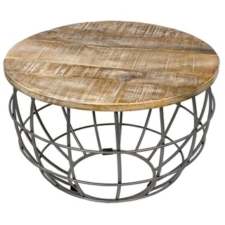 Amagohome Couchtisch Wohnzimmer-Tisch rund  ø 55 cm  Beistelltisch Metall Gestell Tischplatte Holz massiv : weiß gekälkt