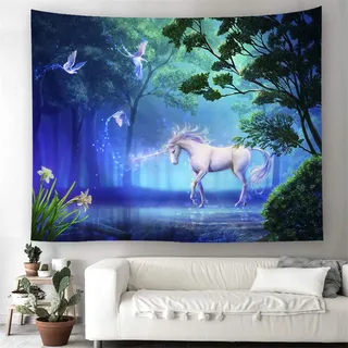 FANSU Tapisserie Wandbehang, 3D Polyester Wandtuch Meditation Yogamatte Strandtuch Böhmischer Mandala Hippie für Schlafzimmer Wohnzimmer Schlafsaal Dekor (150x200cm,Einhorn A)