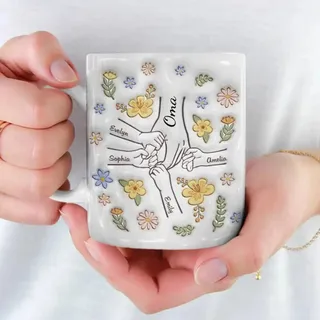 Oma Tasse Personalisiert mit Enkel,Personalisierte Oma,Mama und Enkelkinder Blumen Hand In Hand Tasse - Personalisierte Geschenke für Mama&Oma,Kaffeetasse-Mama,Muttertag geschenk (#01-325 ml)