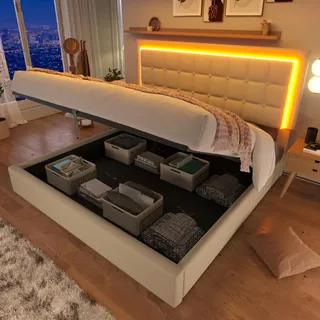Merax Polsterbett 180x200cm mit LED-Beleuchtung, Hydraulisches Funktionsbett mit Stauraum, Doppelbett Bettgestell mit Lattenrost und Kopfteil, Stauraumbett, Bezug aus Kunstleder, Weiß, ohne Matratze
