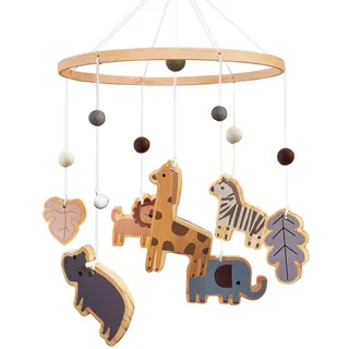 Mobile Baby Waldtiere, Holz Baby Mobile babybett spielzeug mit Wollknäuel Giraffe Löwe Elefant, Windspiel baby für Kinderzimmer Deko, Neugeborenen Geschenk