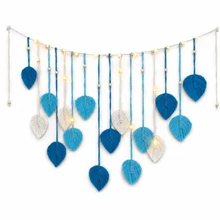 IHONYI Boho Deko - Makramee Wandbehang,Wandteppich Chic Tapisserie Fransengirlande Mit 3M LED Lichterkette,Handgewebt Girlande Boho Wanddeko Für Wohnzimmer/Schlafzimmer/Balkon/kinderzimmer(Blau Blatt)