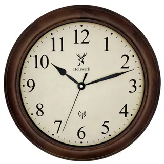 Holzwerk Wanduhr, Braun, Holz, Glas, Kunststoff, Holz Optik, Vintage, Zeichen/Symbole/Nummern/Buchstaben, Rund, 35x35x5.5 cm, CE, Funkuhr, Dekoration, Uhren, Wanduhren