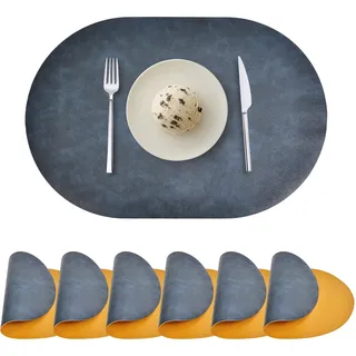 Ovale Tischsets 6er-Set, Kunstleder-Tischsets für Esstisch beidseitig nutzbar hitzebeständig waschbare abwischbare Tischsets für innen und außen, Blau/Gelb