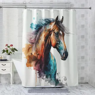 ADEIRO Duschvorhang 180x200 cm, Duschvorhang Pferd, Tier mit 12 Plastik Haken, Badevorhang Waschbar Textil Shower Curtains für Dusche und Badewanne