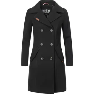 Kurzmantel MARIKOO "Nanakoo", Damen, Gr. M (38), schwarz, Oberstoff: 90% Polyacryl, 8% Viskose, 2% Elasthan. Futter: 100% Polyester. Ärmelfutter: 100% Polyester, figurumspielend ca. Mitte Oberschenkel, Ärmel ohne Ärmelschlitz normaler Saum, Mäntel Kurzmantel, edler Damen Trenchcoat in Wollmantel-Optik