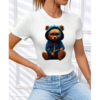 RMK Print-Shirt Damen T-Shirt Top Sommer Rundhals süßer Teddybär Bär Brille mit lizenziertem Originaldesign, aus Baumwolle, Unifarbe blau|weiß 56