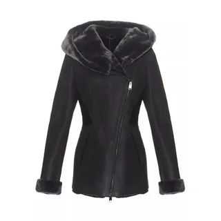 Hollert Damen Lammfelljacke Lena Winterjacke aus Merino Schaffell Echtleder mit Kapuze Größe XXL, Farbe Dunkelgrau - XXL