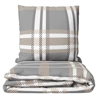 4 tlg Winter Bettwäsche Thermofleece 135x200 cm Grau Beige Kariert Flauschig mit Reißverschluss - Grau
